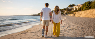 Ein Mann mit Gehhilfen und einer Schiene am linken Bein geht gemeinsam mit einer Frau am Strand entlang – Symbolbild für einen Unfall im Urlaub und den Schutz durch eine Auslandskrankenversicherung.