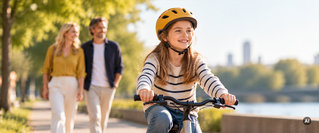 Kind mit gelbem Helm fährt Fahrrad in einem Stadtpark, während die Eltern im Hintergrund folgen. Sinnbild für frühe finanzielle Vorsorge und die Zukunft von Kindern.